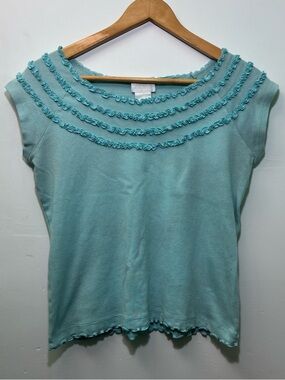 Y2K Soft Surroundings Aqua Ruffle Trim Short Sleeve Top